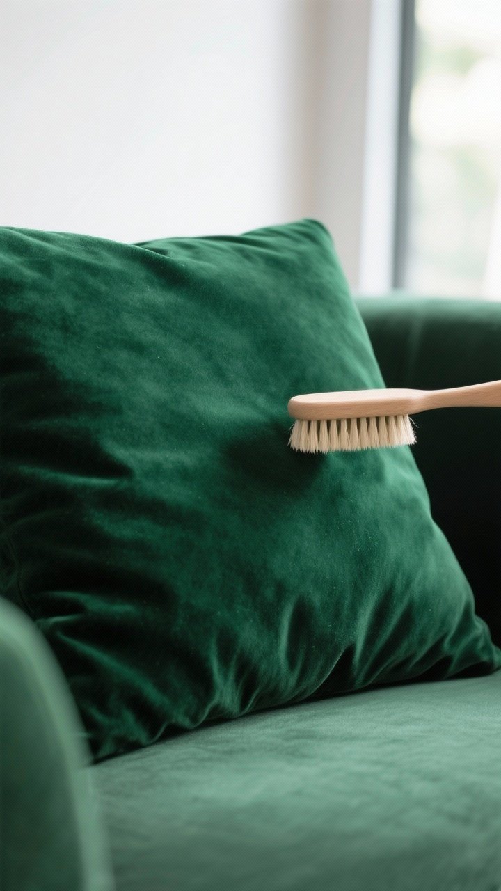 Detail shot: Close-up of a velvet sofa cushion in deep emerald green showing the nap direction and p