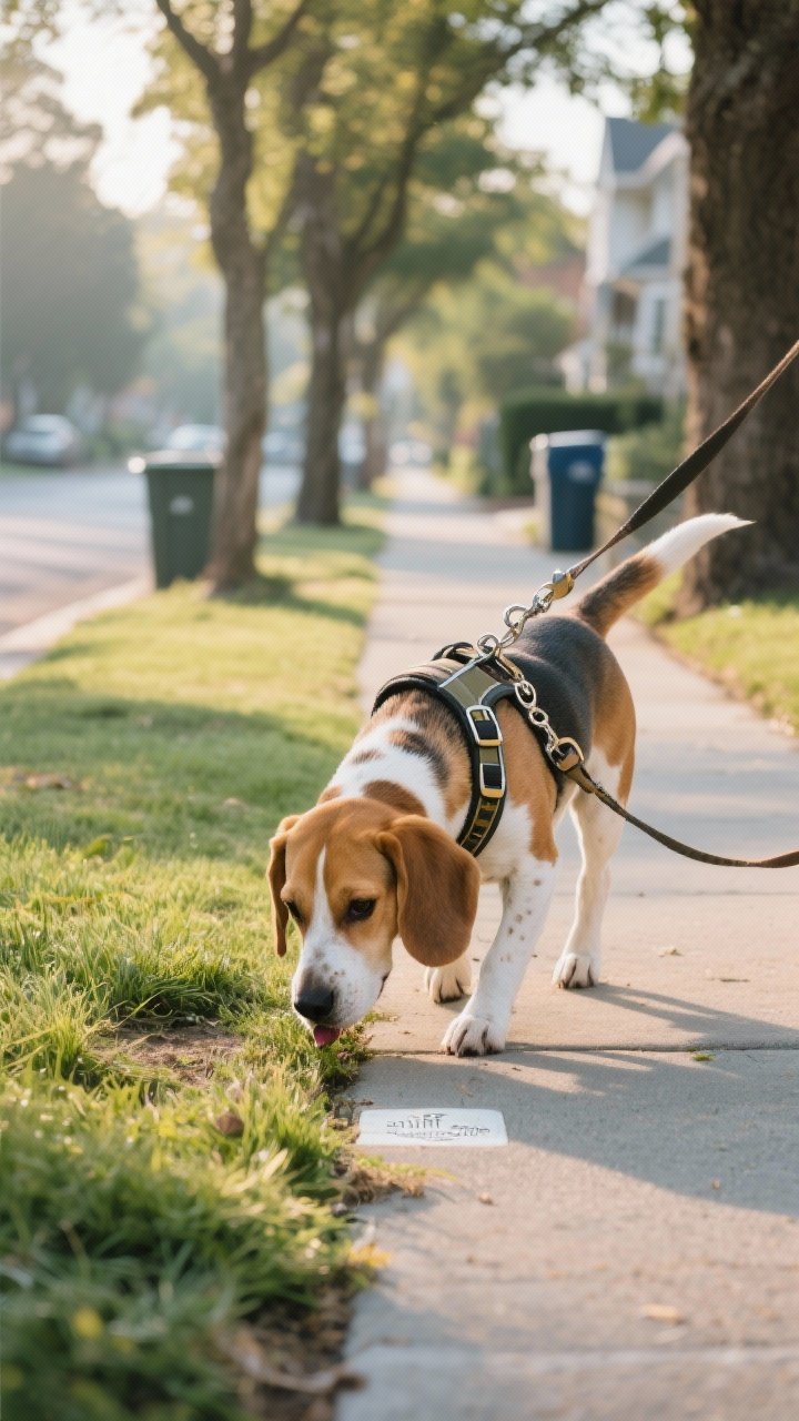 Lifestyle shot: A beagle on a tree-lined neighborhood sidewalk wearing a well-fitted front-clip harn