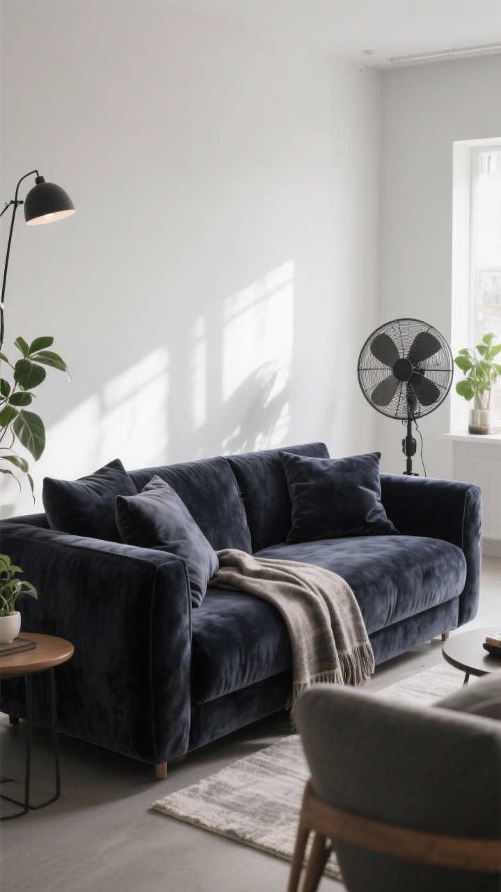 Lifestyle wide view: A stylish living room featuring a plush charcoal velvet sofa arranged away from