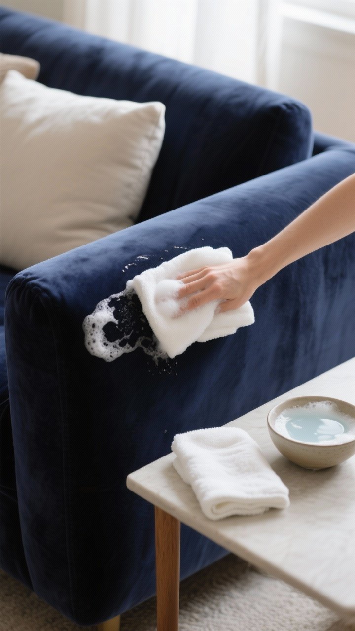 Process shot: Spot-cleaning a velvet sofa arm in rich navy velvet using the foam from a mild soap so