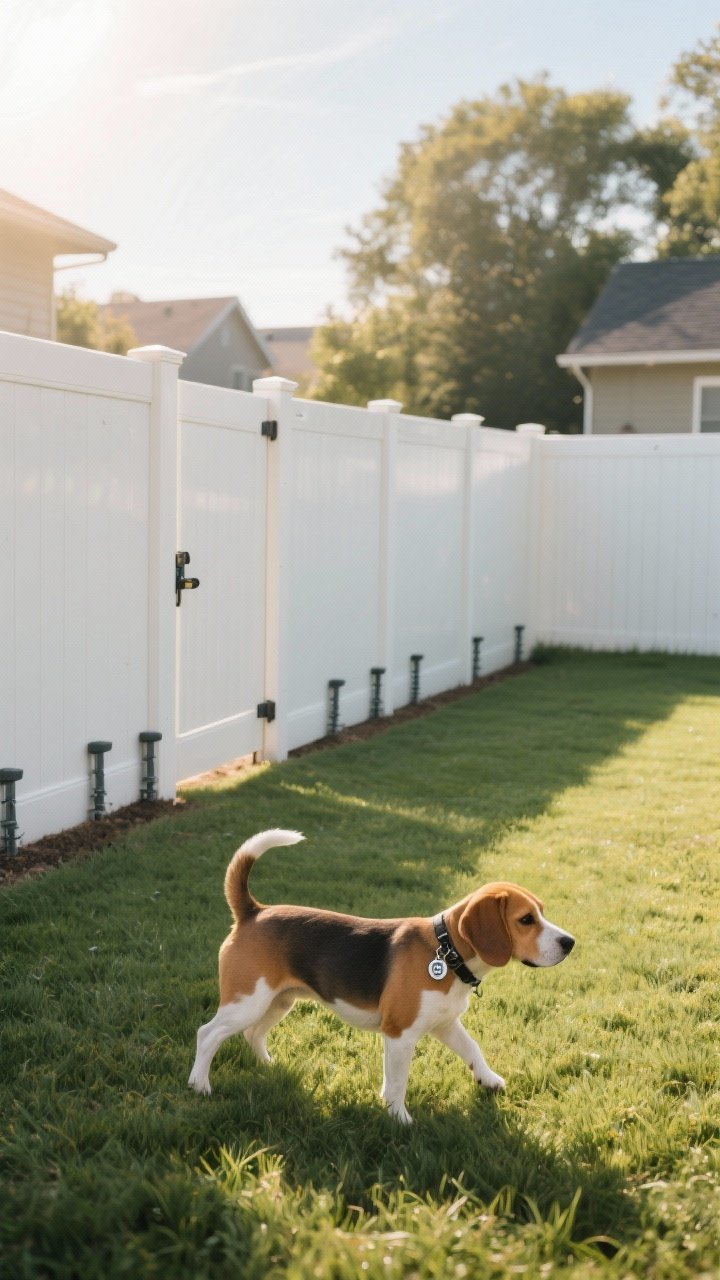 Wide view: Secure backyard setup illustrating escape prevention—solid six-foot fence with no gaps,